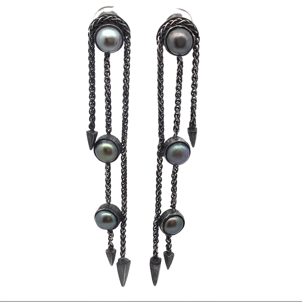 Tahitian Pearl Dangle Earrings Trio Bezel Set Set in Oxidized 925 Sterling Silver Design with Spikes - Linking Emotions