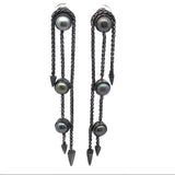 Tahitian Pearl Dangle Earrings Trio Bezel Set Set in Oxidized 925 Sterling Silver Design with Spikes - Linking Emotions