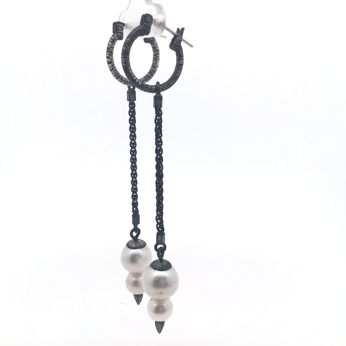 Freshwater Dangle Earrings with Spikes on Oxidized 925 Sterling Silver Hoop Earring Design - Double Pearls