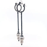 Freshwater Dangle Earrings with Spikes on Oxidized 925 Sterling Silver Hoop Earring Design - Double Pearls