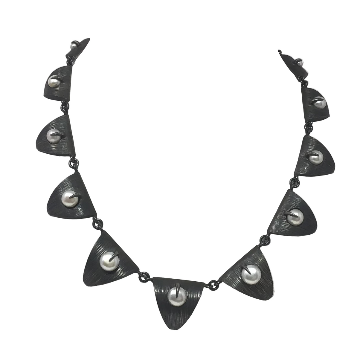 Freshwater Pearl Necklace - Pearls Prong Set on Oxidized Sterling Silver Petals with Brushed Rhodium Plated Finish Cascading From Smallest To Largest with Hook