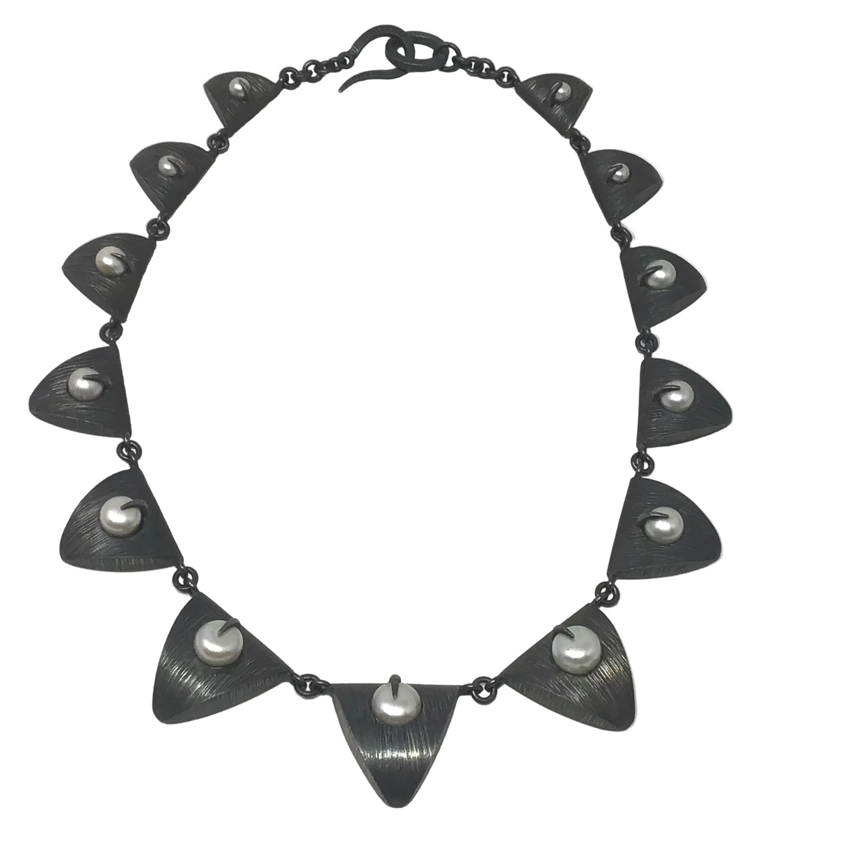 Freshwater Pearl Necklace - Pearls Prong Set on Oxidized Sterling Silver Petals with Brushed Rhodium Plated Finish Cascading From Smallest To Largest with Hook