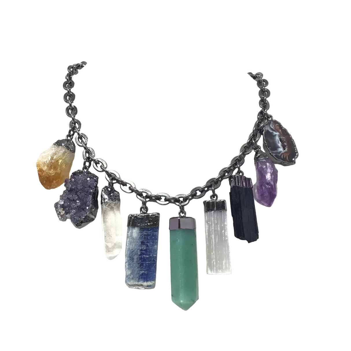 9 Piece Multi Gemstone Necklace On Titanium Plated Rolo Chain with Assortment of - Agate Slice, Amethyst Point, Aventurine Point, Black Tourmaline, Selenite, Rose Quartz, Blue Kyanite, Quartz Point, Amethyst Druze and Citrine Point