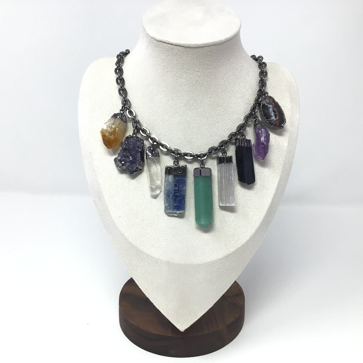 9 Piece Multi Gemstone Necklace On Titanium Plated Rolo Chain with Assortment of - Agate Slice, Amethyst Point, Aventurine Point, Black Tourmaline, Selenite, Rose Quartz, Blue Kyanite, Quartz Point, Amethyst Druze and Citrine Point