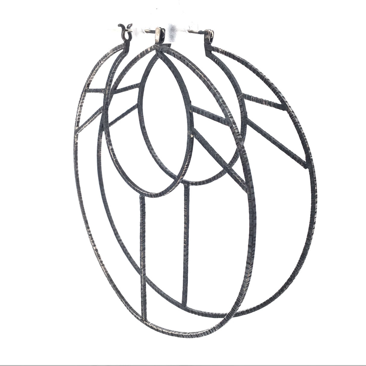 Sterling Silver Dangle Earrings - Large Layered Full - Circle with Summer Moon Design in Oxidized 925 Sterling Silver Hammered Line Texture 3.5"