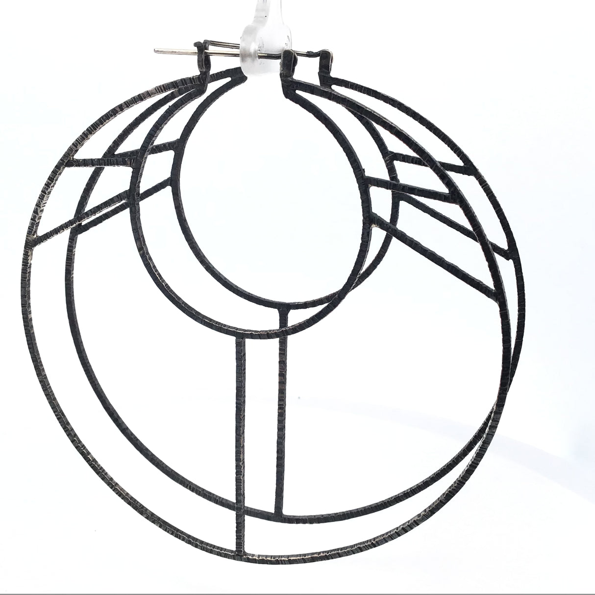 Sterling Silver Dangle Earrings - Large Layered Full - Circle with Summer Moon Design in Oxidized 925 Sterling Silver Hammered Line Texture 3.5"