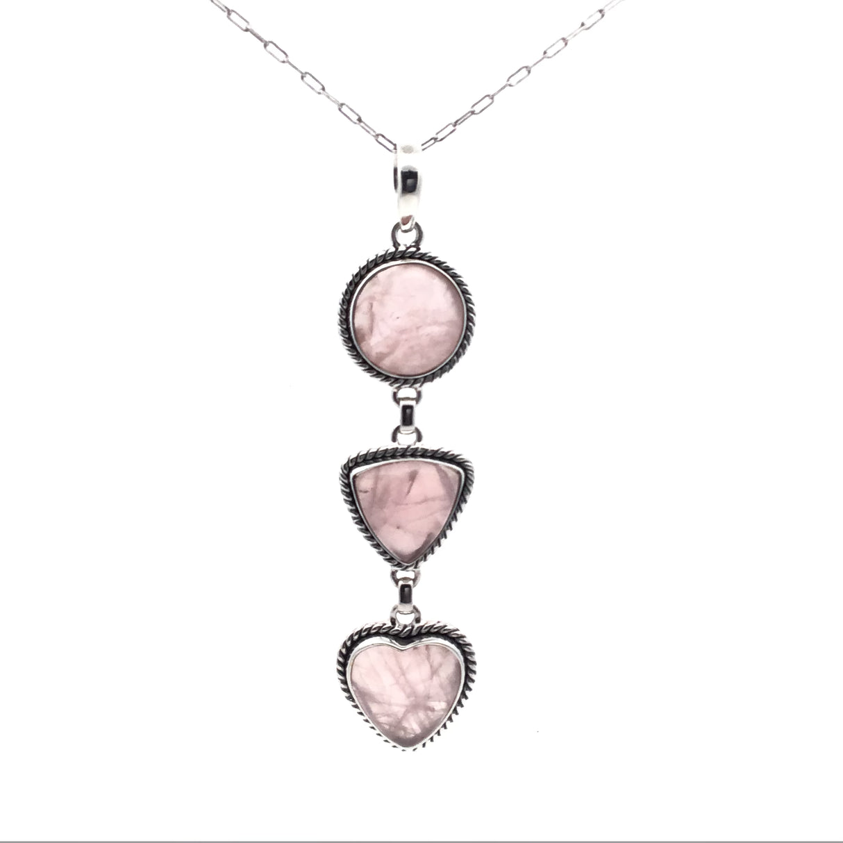 Trio Cabochon Rope Bezel Necklace Round - Triangle - Rose Quartz Heart Pendant on 18" Long Box Chain with Stops at 16" and 17"