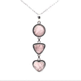 Trio Cabochon Rope Bezel Necklace Round - Triangle - Rose Quartz Heart Pendant on 18" Long Box Chain with Stops at 16" and 17"