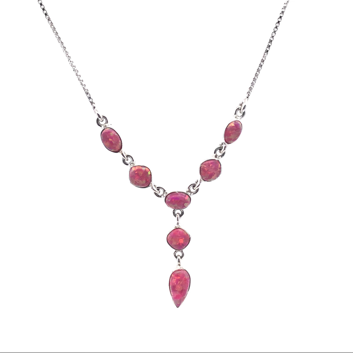 Pink Balloon Opal Y Design Cabochon Necklace on Box Chain with Stops at 15" thru 19"