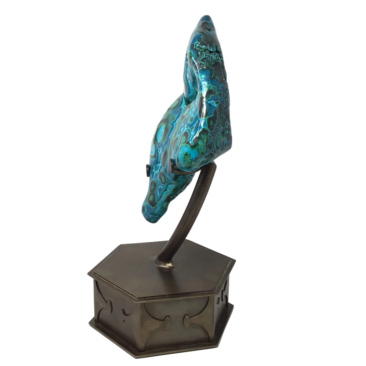 Mesmerizing A+ Quality Chrysocolla Malachite Freeform Polished Specimen on Custom Designer Hexagonal Bronze Base