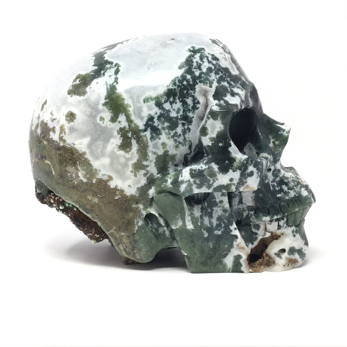 Classic Moss Agate Skull Carving with Quartz Pocket & End Cut Back - 8"