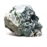 Classic Moss Agate Skull Carving with Quartz Pocket & End Cut Back - 8"