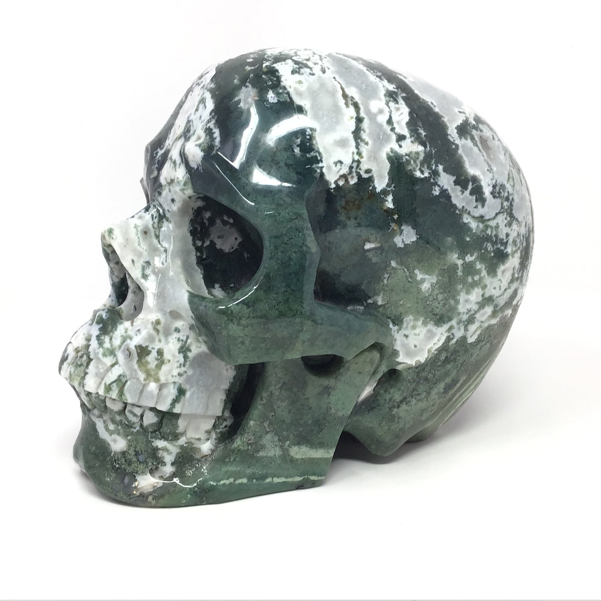 Classic Moss Agate Skull Carving with Quartz Pocket & End Cut Back - 8"