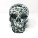 Vein Moss Agate Skull Carving with Quartz Druze Tubular Pockets - 6.5"