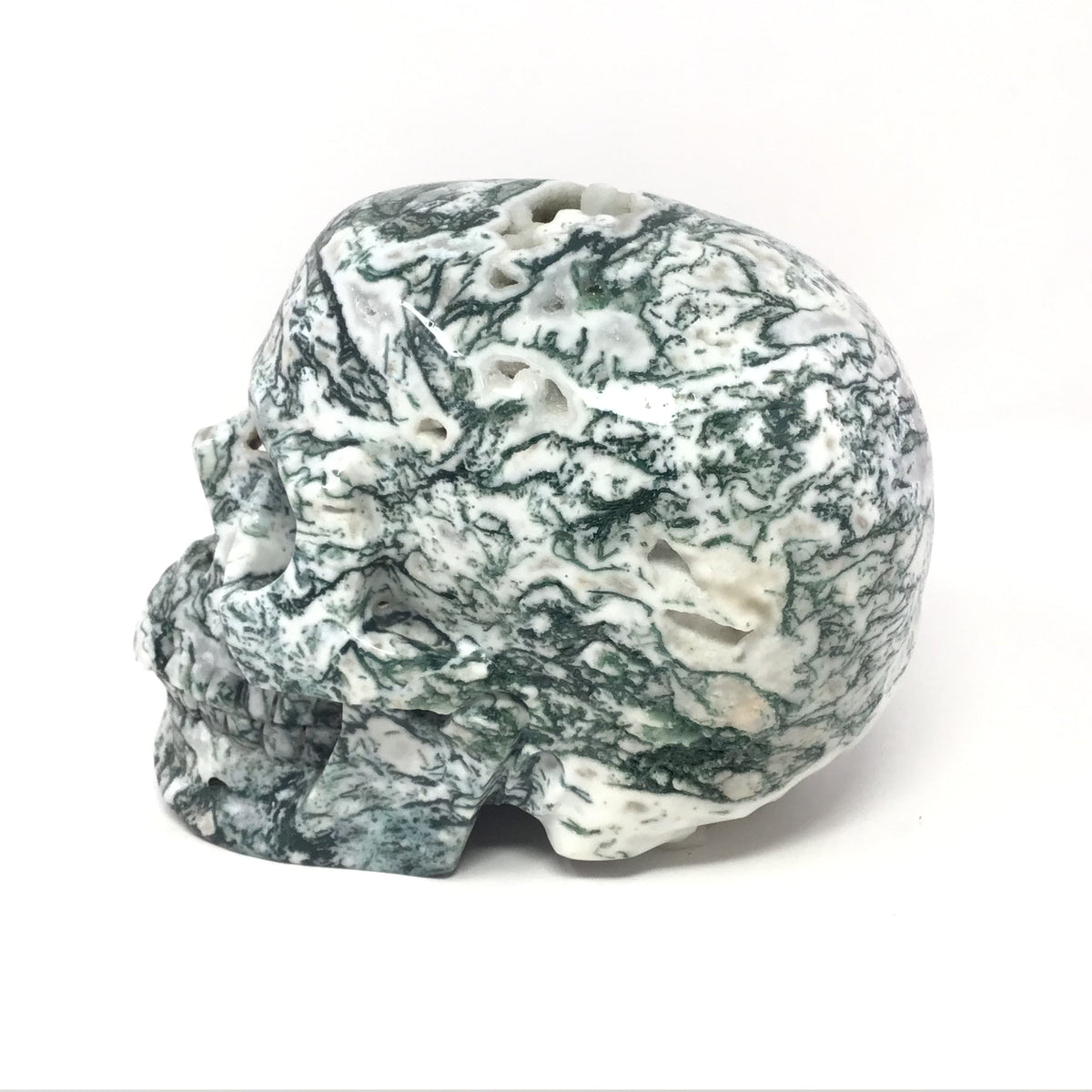 Green and white moss agate skull carving, back-left view with dendritic veining and open druzy pockets