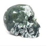 Mossy Green Moss Agate Skull Carving with Quartz Druze Pockets 6"