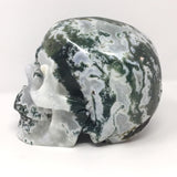 Mossy Green Moss Agate Skull Carving with Quartz Druze Pockets 6"