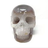 Milky Blue Agate Skull Carving with Carnelian Quartz Vug on Right - 7.2"