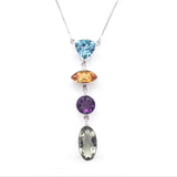 Multi Gemstone Faceted Drop Necklace with Box Chain Trillion Blue Topaz Sharp oval Citrine, Round Amethyst & Oval Prasiolite