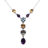 Multi Gemstone Necklace with Faceted Blue Topaz Cushion Center on Y Design Long Box Chain - Amethyst, Citrine & Prasiolite