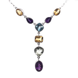 Multi Gemstone Necklace with Faceted Blue Topaz Cushion Center on Y Design Long Box Chain - Amethyst, Citrine & Prasiolite