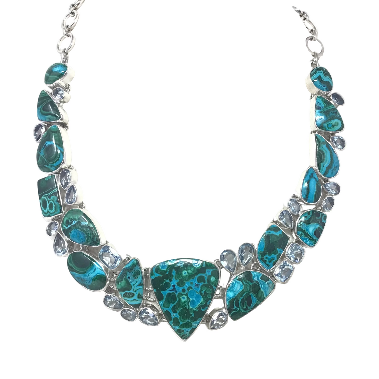 Stunning Shattuckite Azurite Collar Necklace with Reverse Pear Focal & Faceted Blue Topaz, Kyanite