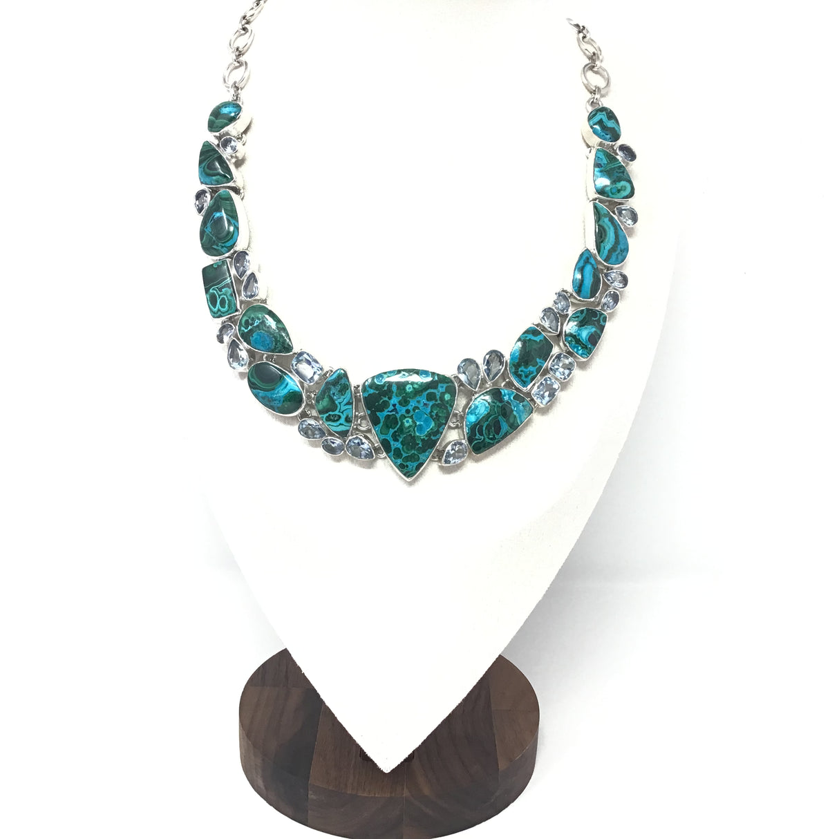 Stunning Shattuckite Azurite Collar Necklace with Reverse Pear Focal & Faceted Blue Topaz, Kyanite