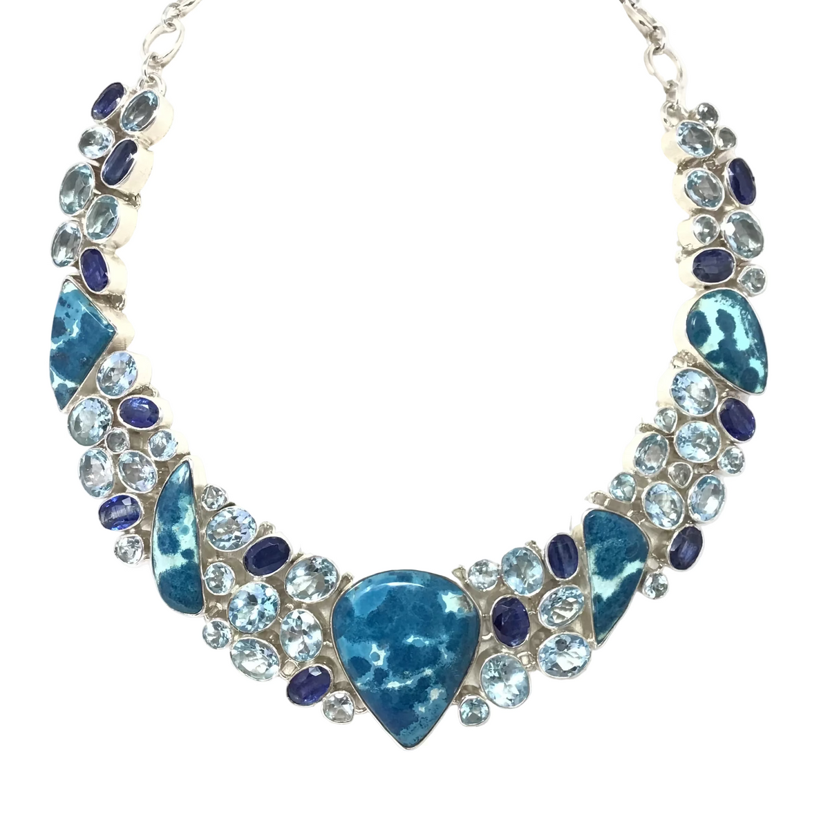 Stunning Shattuckite Azurite Collar Necklace with Reverse Pear Focal & Faceted Blue Topaz, Kyanite