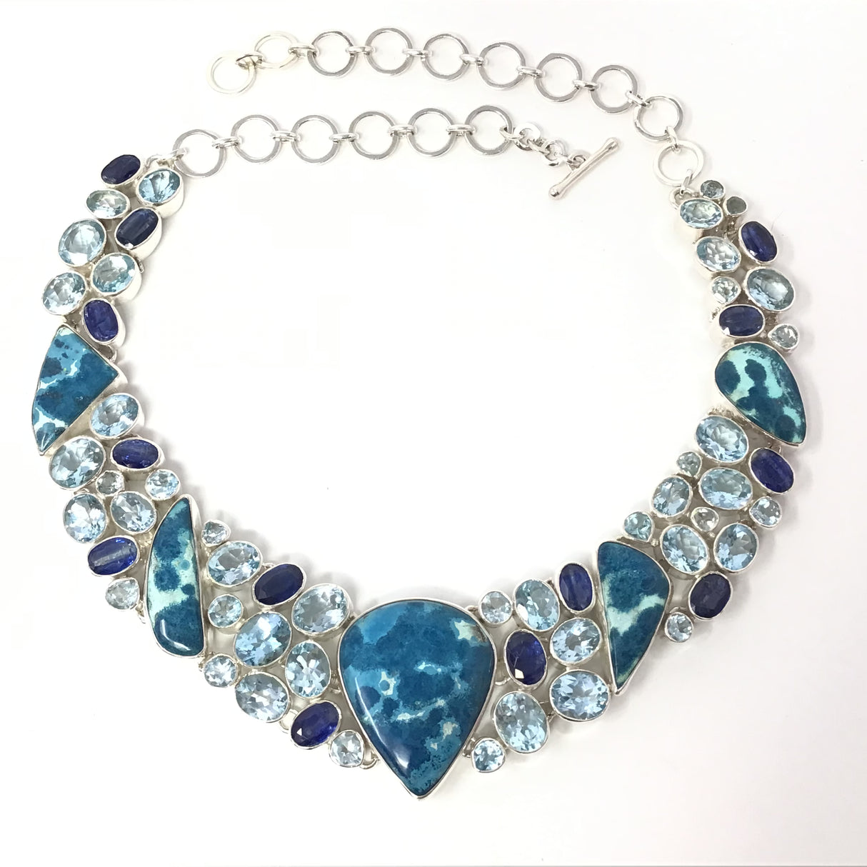 Stunning Shattuckite Azurite Collar Necklace with Reverse Pear Focal & Faceted Blue Topaz, Kyanite