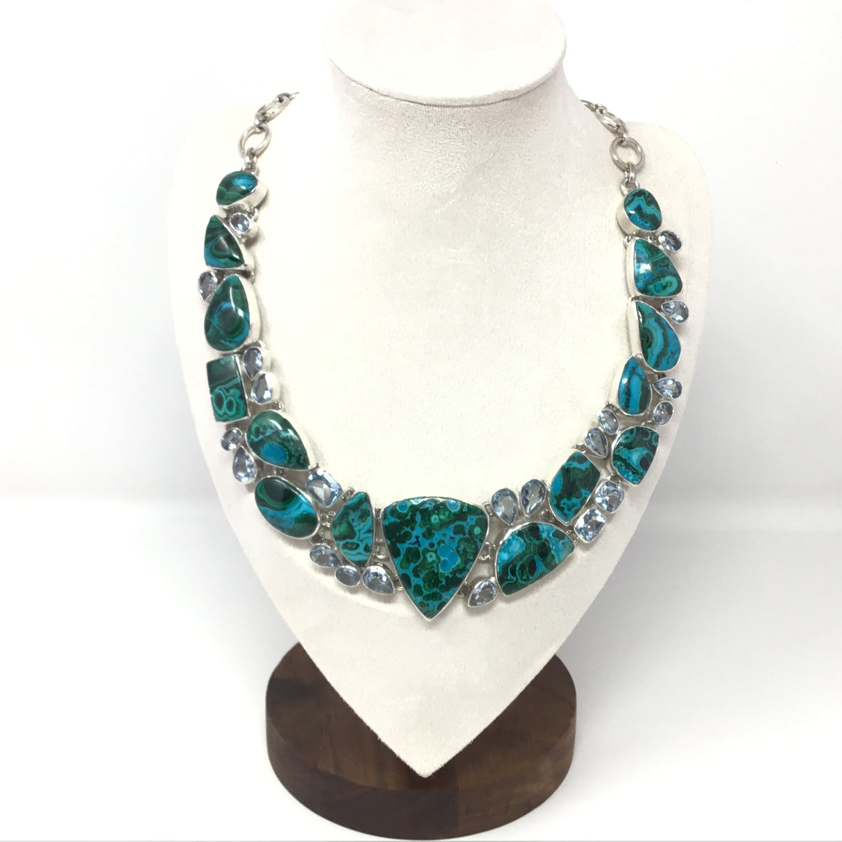 Striking Chrysocolla Malachite Collar Necklace with Bubbly Triangle Focal & Faceted Blue Topaz Accents