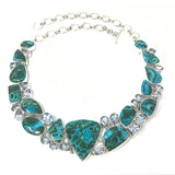 Striking Chrysocolla Malachite Collar Necklace with Bubbly Triangle Focal & Faceted Blue Topaz Accents