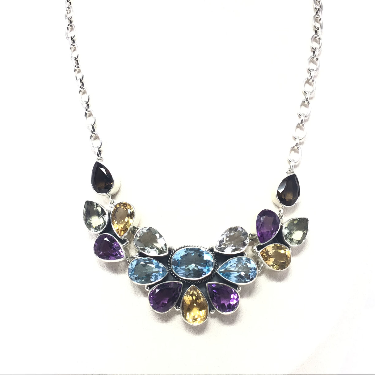 Multi Gemstone Faceted Designer Necklace Featuring Blue & White Topaz Center Amethyst, Citrine, Prasiolite & Smoky Quartz on Large Link Chain