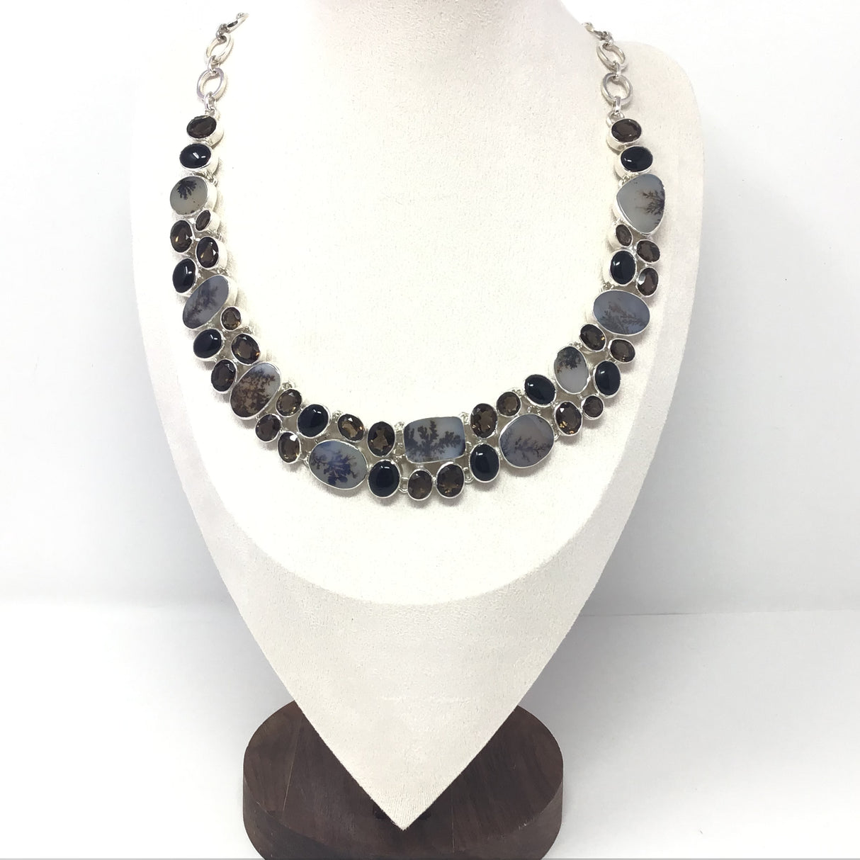 Collier agate dendritique - Double rang avec quartz fumé facetté et cabochon onyx noir