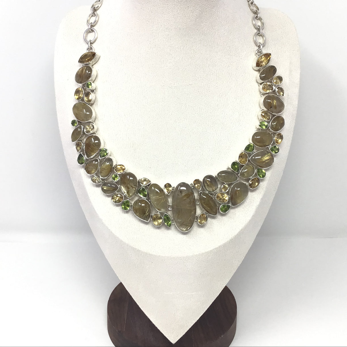 A+ Golden Rutile Collar Necklace with Narrow Oval Center Focal & Faceted Citrine & Peridot Accents