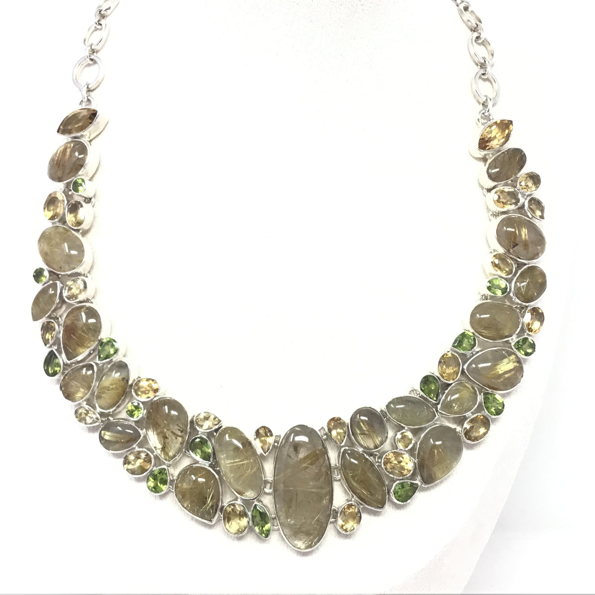 A+ Golden Rutile Collar Necklace with Narrow Oval Center Focal & Faceted Citrine & Peridot Accents
