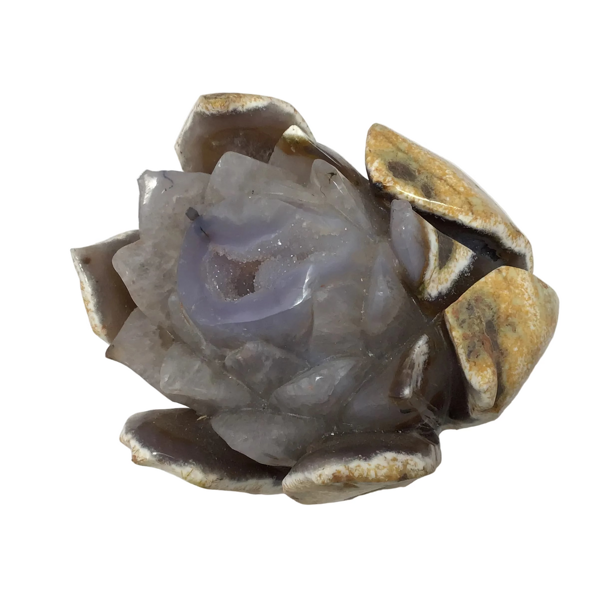 Sculpture de fleur de lotus en agate druse avec extérieur aux nuances orange et pêche