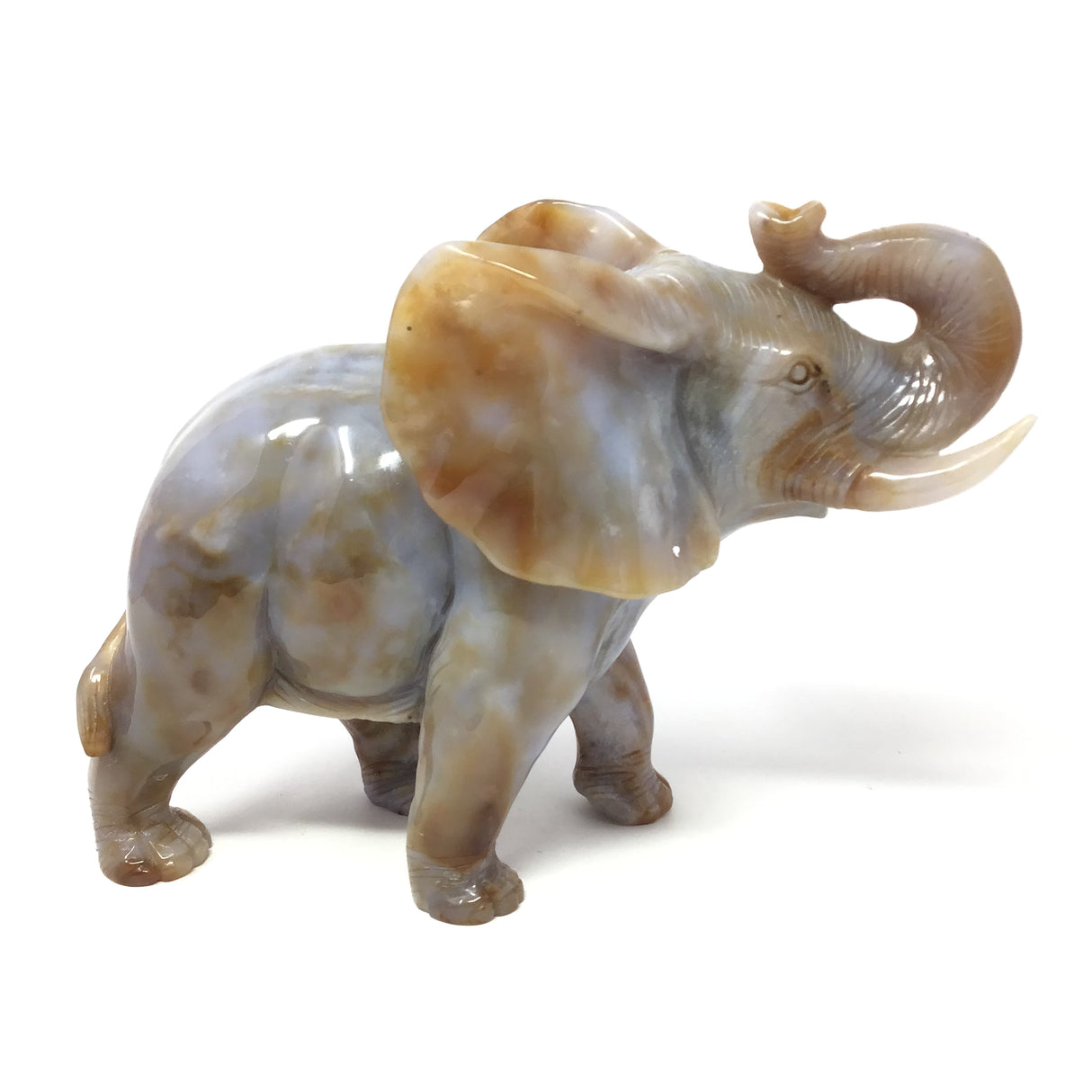 Flower Agate Sahara Elephant Carving with Carnelian Hues