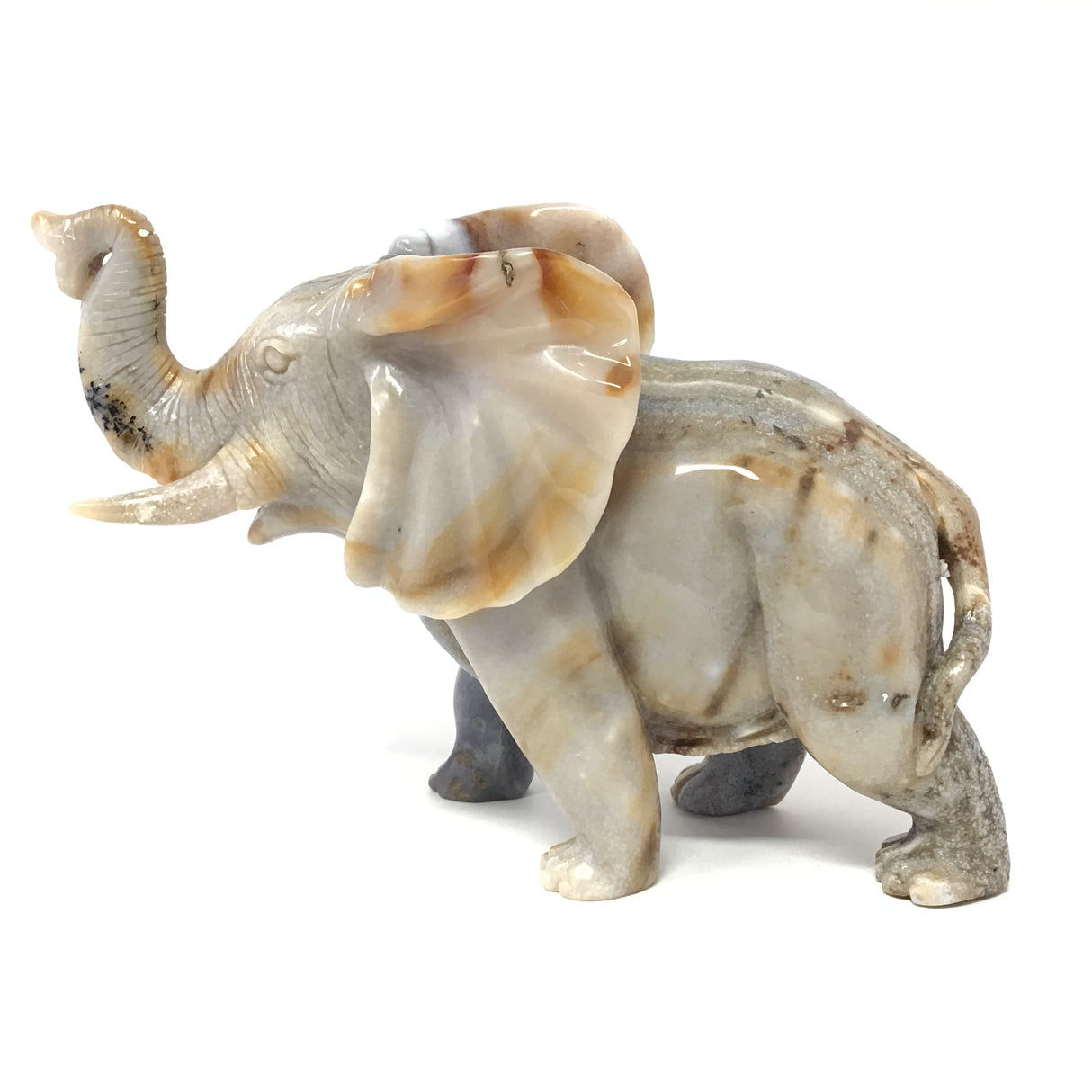 Sculpture d'éléphant en Agate Dendritique du Sahara avec Motifs Multicolores