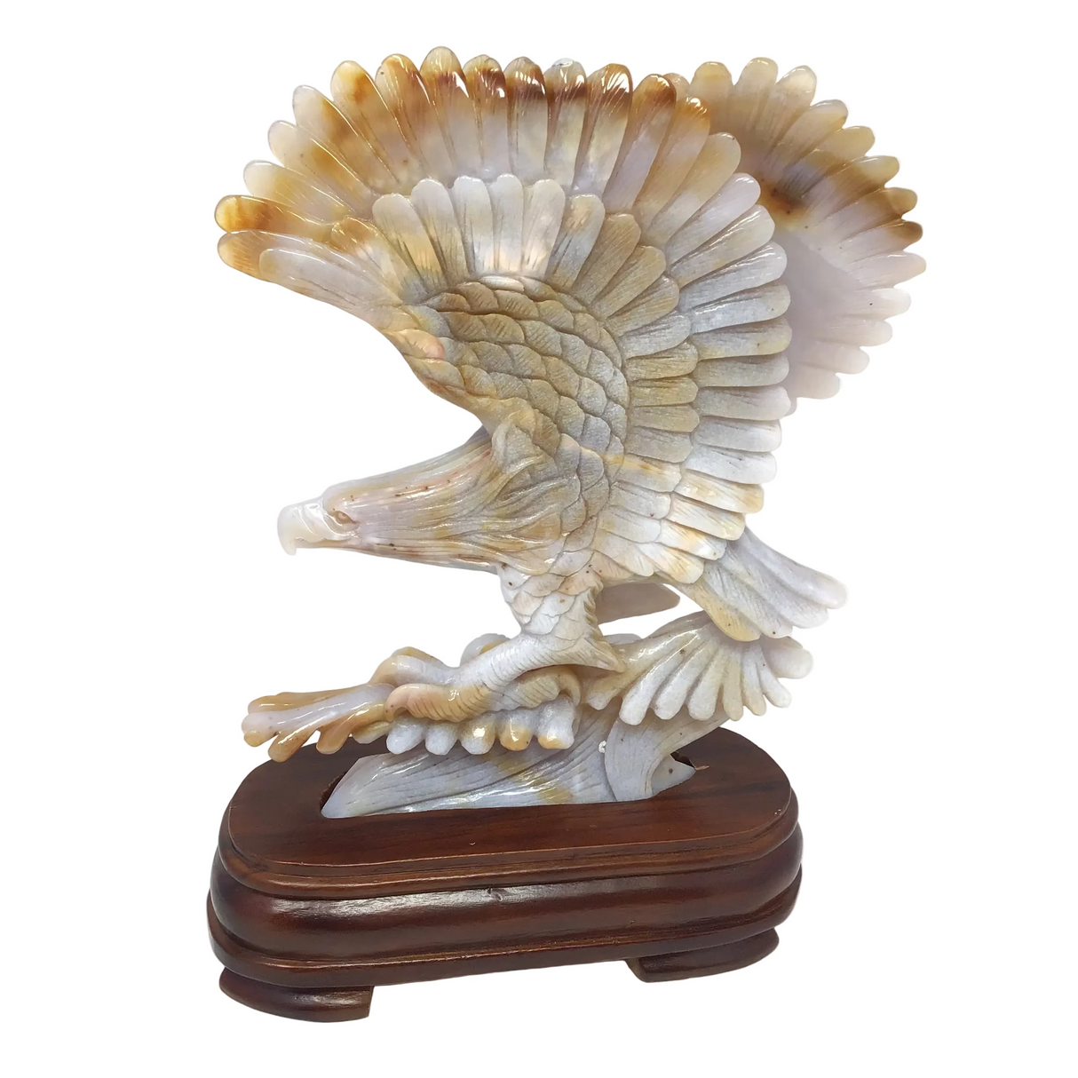 Agate Eagle Carving Landing on Tree Set in Wooden Base