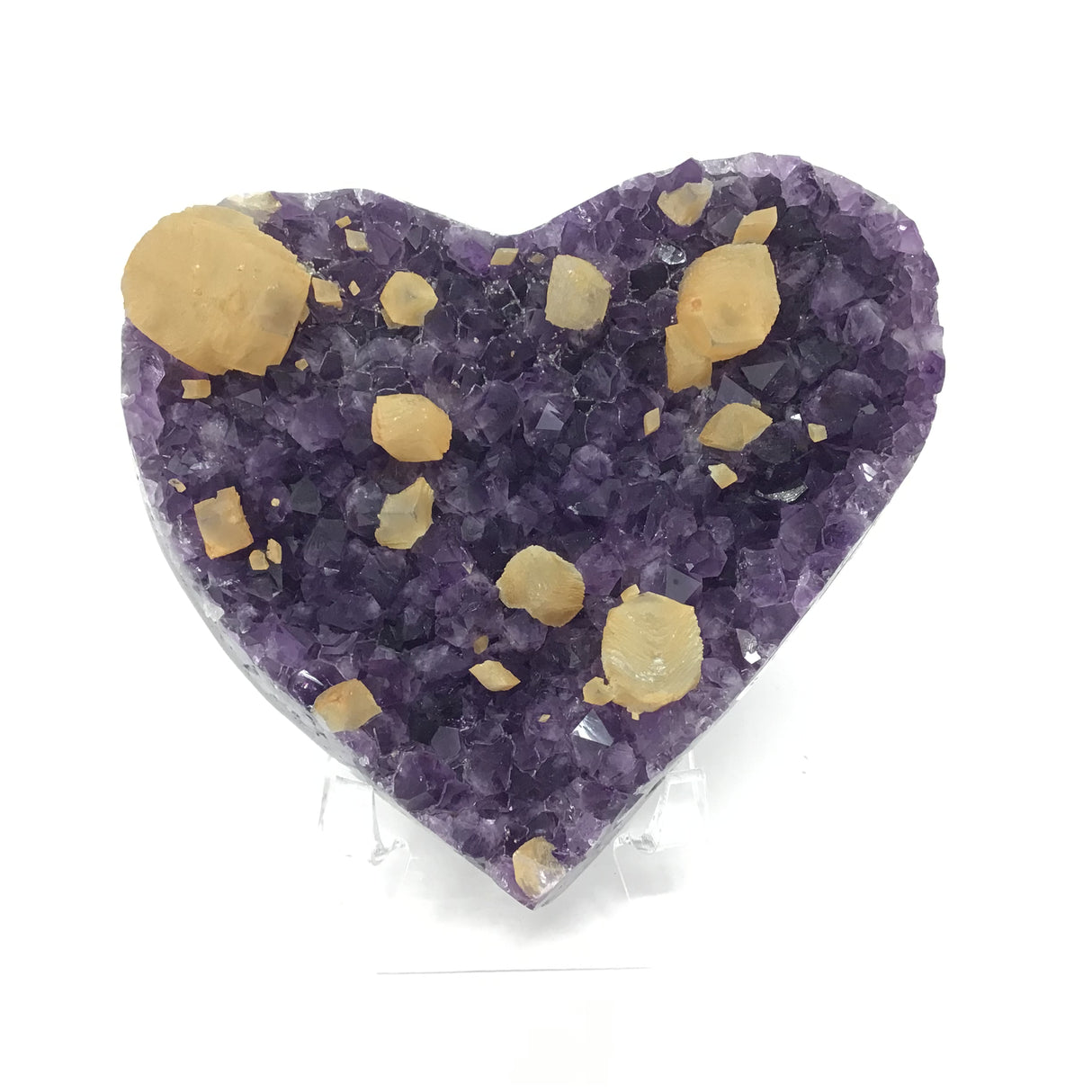 Amethyst Crystal Heart with Prominent Calcite Crystal Inclusions on Lucite Easel
