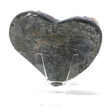 Amethyst Crystal Heart with Prominent Calcite Crystal Inclusions on Lucite Easel