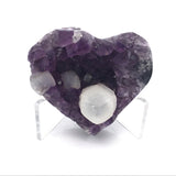 Amethyst Crystal Heart with Prominent Calcite Crystal Inclusions on Lucite Easel