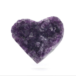 Amethyst crystal heart with deep violet druzy points displayed on a clear lucite easel