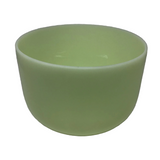 10" malachite gem infused quartz singing bowl in green, perfect pitch F note, angled view on white