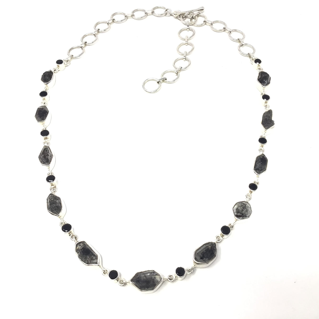 Herkimer Diamond Necklace With Black Spinel -14 Crystals Bezel Set On Link Chain With Toggle
