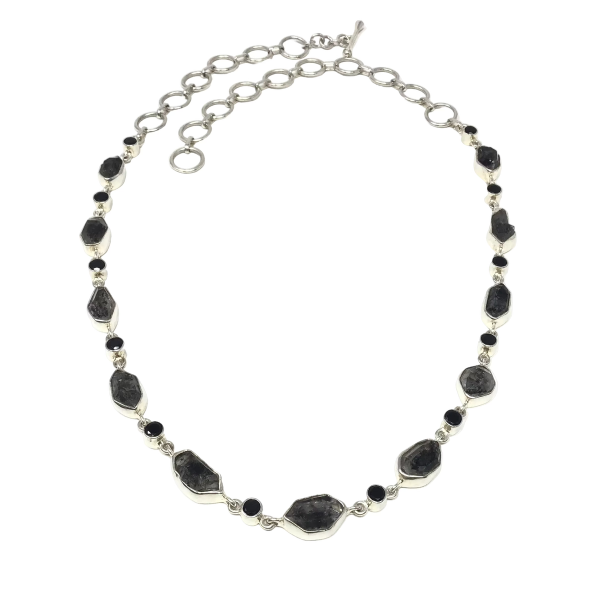 Herkimer Diamond Necklace With Black Spinel -14 Crystals Bezel Set On Link Chain With Toggle
