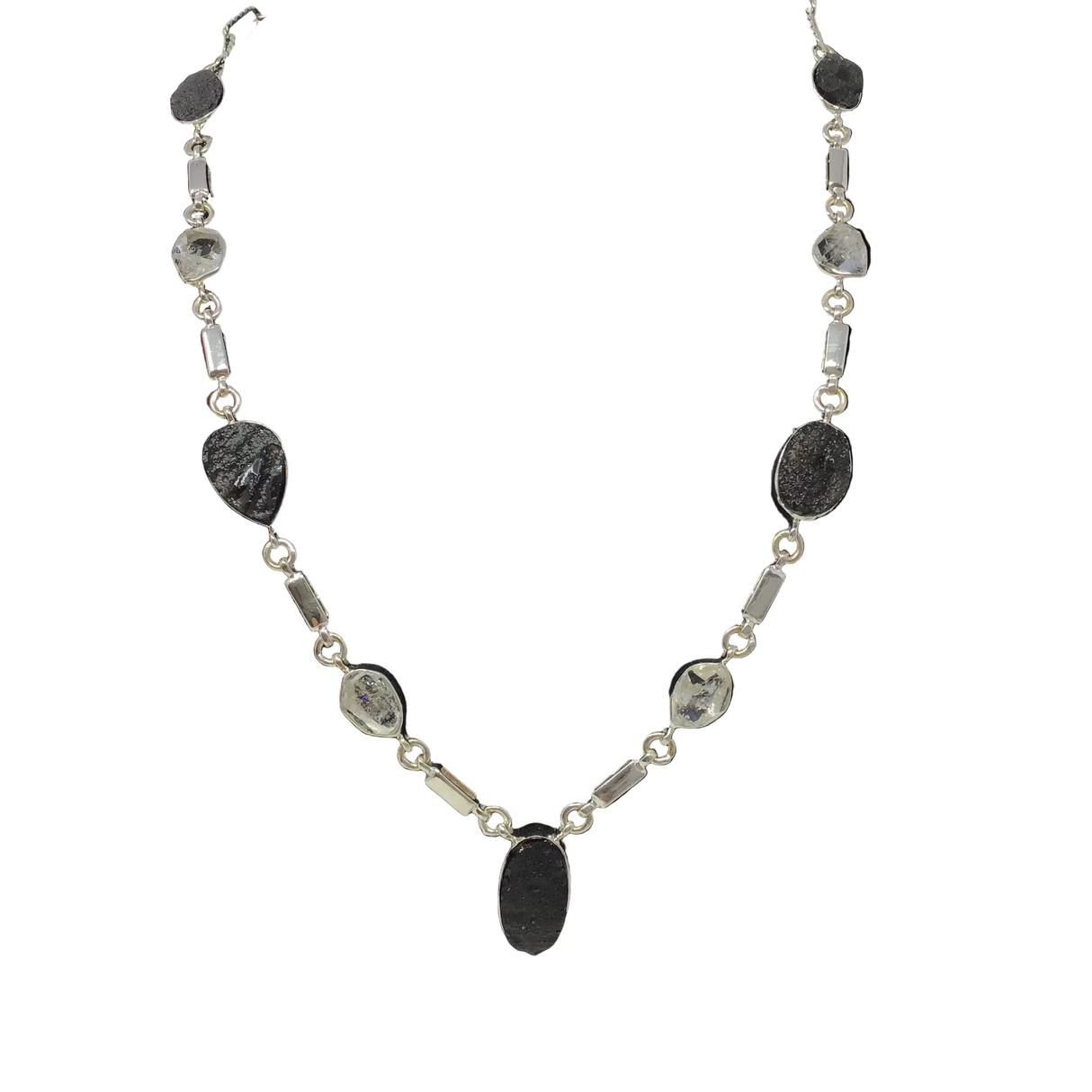 Agni Manitite aka Pearl Of Fire Tektite Necklace - 5 Organic Geometrics with 4 Herkimer Diamonds Set in 925 Sterling Silver Bezels with Open Silver Rectangle Detail