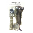 Smudge Kit in packaging with sage bundle, sweetgrass, abalone shell, charcoal and turkey feather