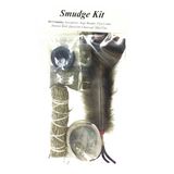 Smudge Kit in packaging with sage bundle, sweetgrass, abalone shell, charcoal and turkey feather