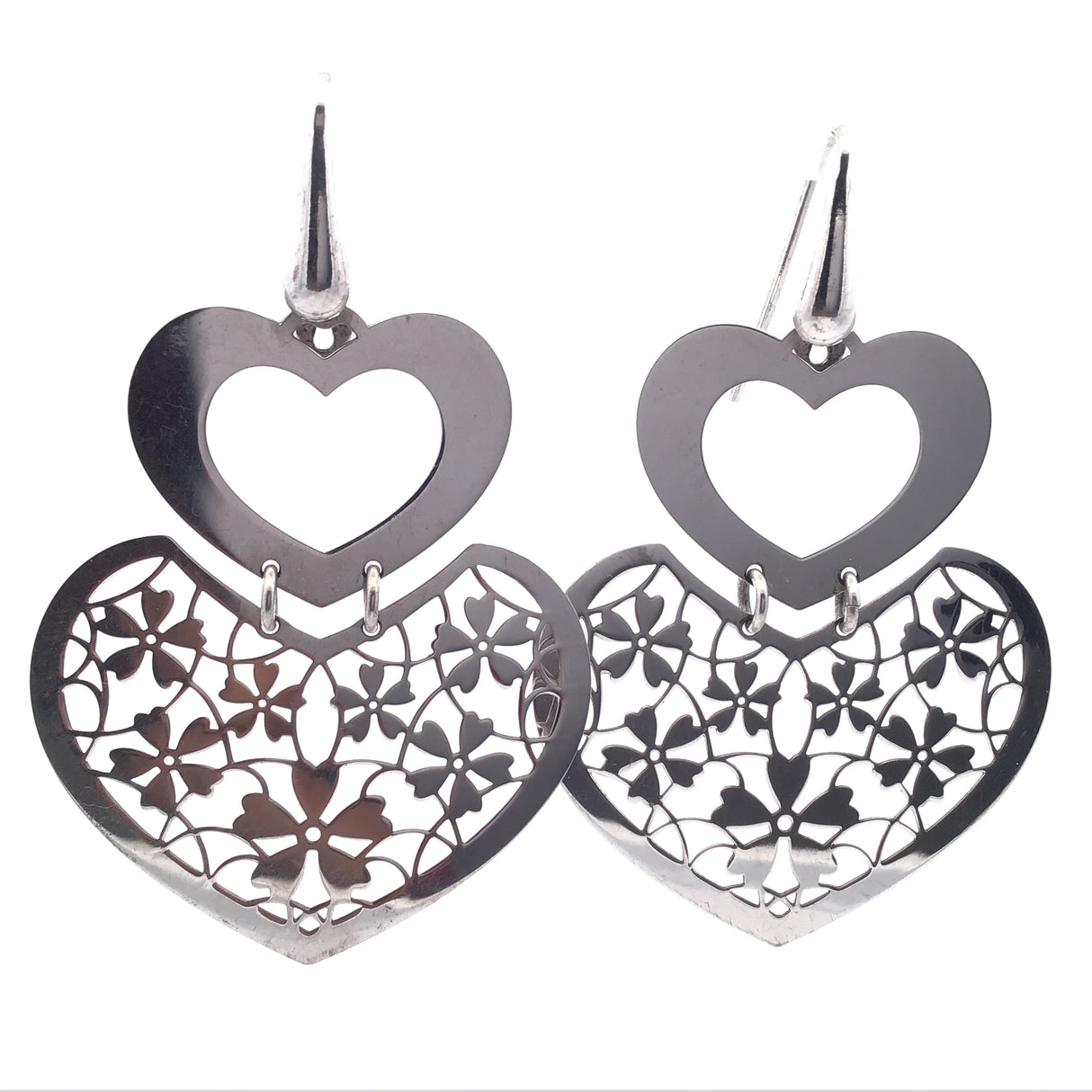 Sterling silver double heart earrings, open polished heart above floral filigree cut-out heart